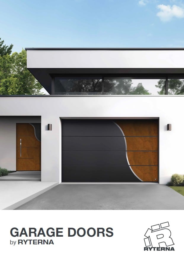 Modern garage doors by Ryterna featuring a sleek black and wood curved design.