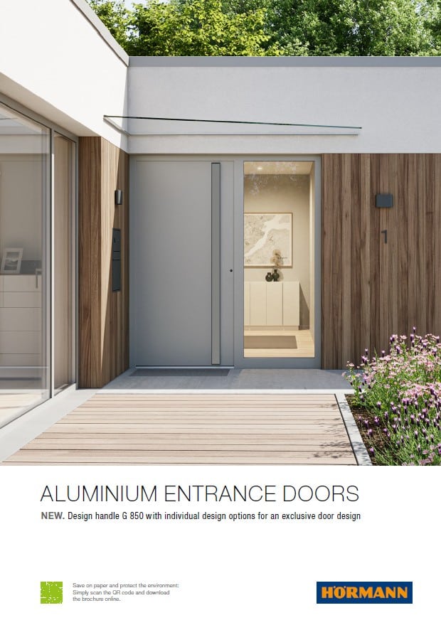 Front cover of a brochure featuring a white aluminium entrance door design.